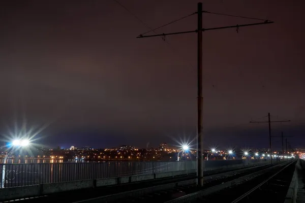 Velhos Trilhos Bonde Ponte Norte Voronezh Uma Noite Outono — Fotografia de Stock