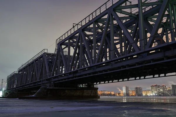 View Railway Bridge Frozen Voronezh Reservoir Dusk — Stock Fotó