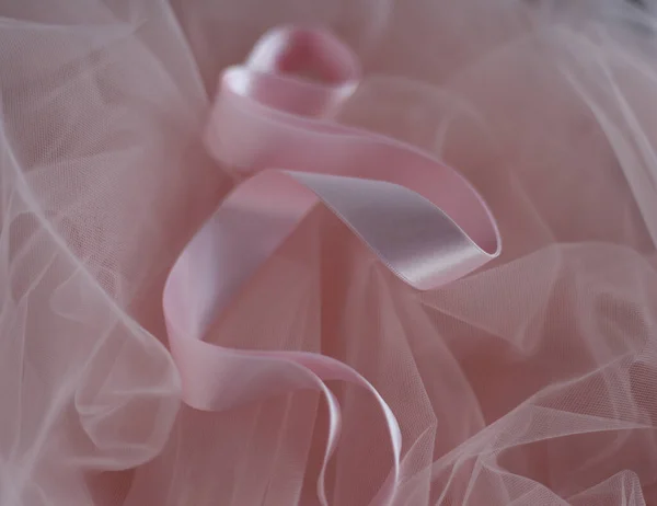 Baby Pink Veil Curly Satin Ribbon Top View Beautiful Pink — Stock Photo, Image