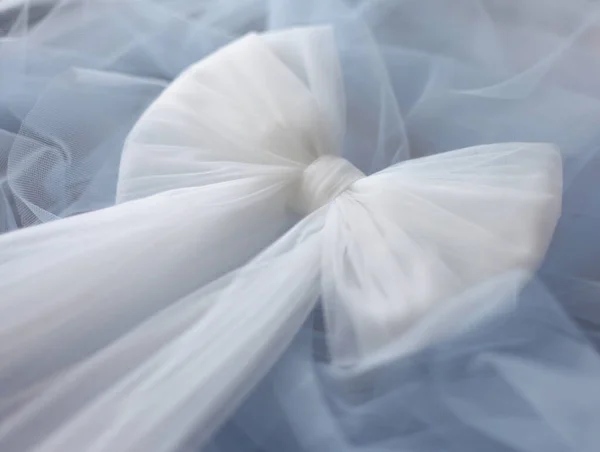 Beautiful Wedding Accessorie White Tulle Bow Belt Satin Ribbon Baby — Stock Photo, Image