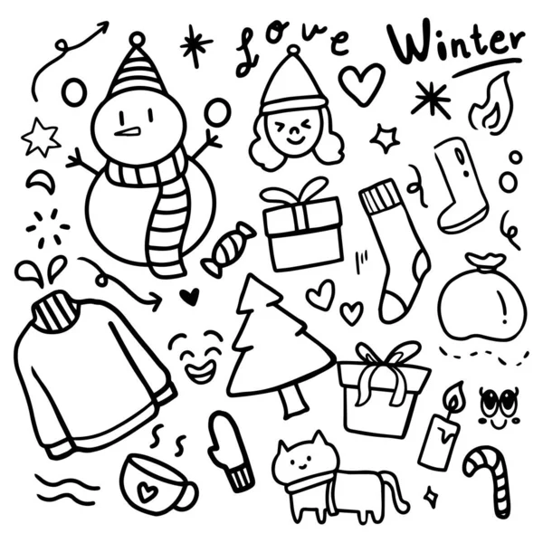 Conjunto Elementos Invierno Dibujados Mano Caricatura Doodle Libro Para Colorear — Archivo Imágenes Vectoriales