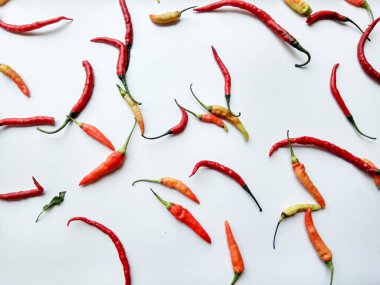 Kuş gözü, kuş gözü chili, kuş şili ya da Tayland biberi, ya da kırmızı biber. Ayrıntıları kapat. Çeşitli renkler.