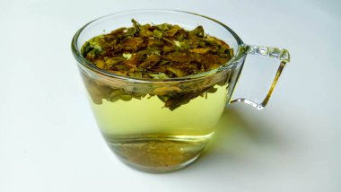 Moringa oleifera bitkisel çay gibi, şeffaf bardağın içinde. Beyaz arkaplanda izole