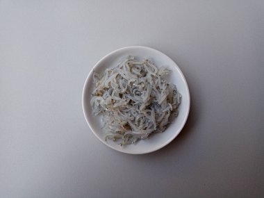 Beyaz yem ya da bebek ançüez balığı ya da Endonezya 'da Teri Nasi. Küçük beyaz bir tabakta, gri arka planda.