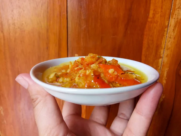 Sambal Matang Sauce Chili Traditionnelle Indonésienne Grossièrement Broyée Cuite Huile — Photo