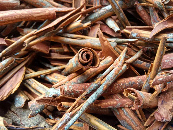 Cinnamomum cassia. Heap of dried and crushed cinnamon sticks, with left-over outer bark, or unfinished shaving.