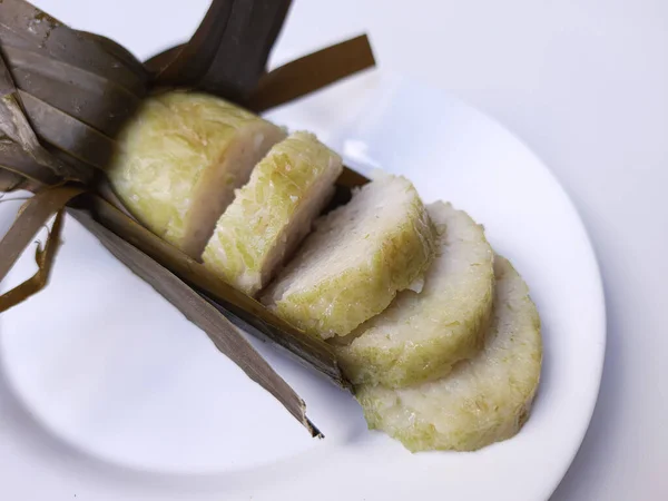 Lontong Indonesian Dish Made Compressed Rice Cake Form Cylinder Wrapped — Stock Photo, Image