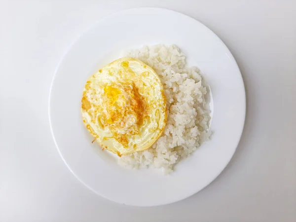 Fried Egg Overcooked Sunny Side Served White Rice White Plate — Stock Photo, Image