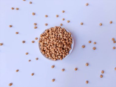 Kurutulmuş Glycine Max, soya fasulyesi veya soya fasulyesi, beyaz bir tabağın içinde, beyaz arka planda izole edilmiş.