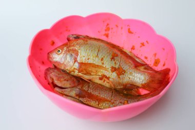 Red Nile Tilapia, Red Tilapia, veya Oreochromis niloticus. Ezilmiş zerdeçal ile tatlandırılmış taze balık. Beyaz arka planda izole edilmiş pembe kasenin içinde.