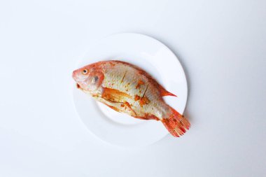 Red Nile Tilapia, Red Tilapia, veya Oreochromis niloticus. Ezilmiş zerdeçal ile tatlandırılmış taze balık. Beyaz arka planda izole edilmiş pembe kasenin içinde.