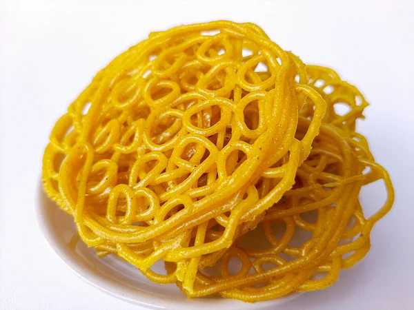 Kerupuk Mie Kuning Fideos Amarillos Galletas Indonesia Antes Frito Elaborado — Foto de Stock
