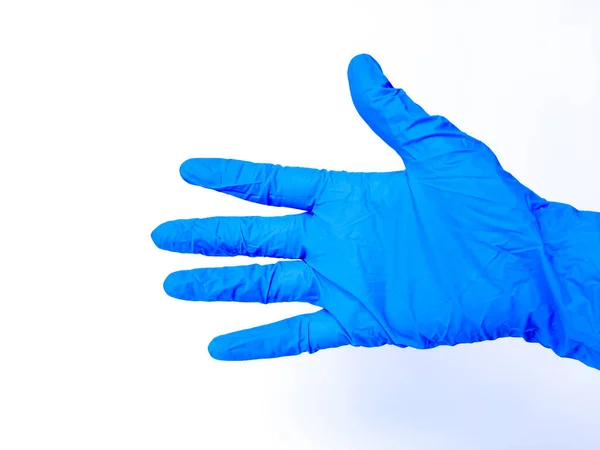 Hand Wearing Blue Glove Isolated White Background Space Text — Stock Photo, Image