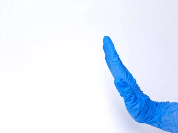Рука Голубой Латексной Перчатке Знак Откажись Изолированный Белом Фоне Вид — стоковое фото