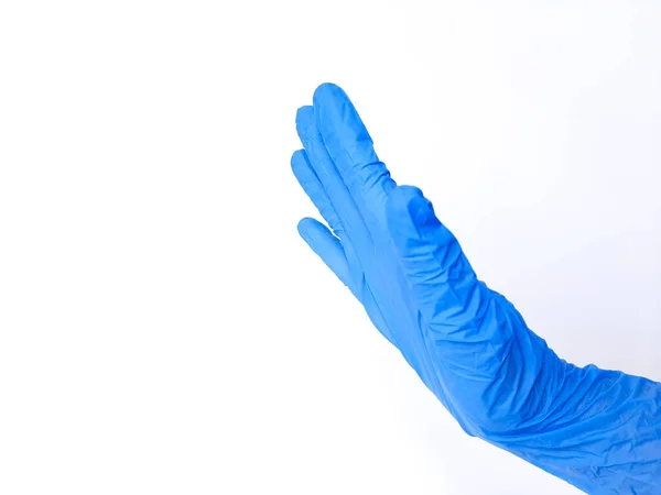 Рука Голубой Латексной Перчатке Знак Откажись Изолированный Белом Фоне Вид — стоковое фото