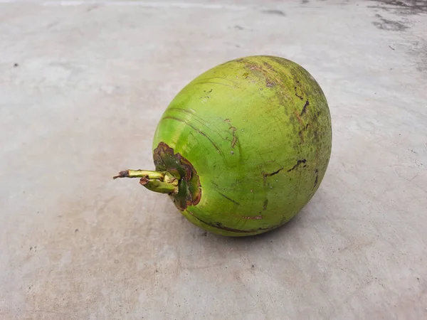 Whole green coconut or young coconut, on the ground, view from top