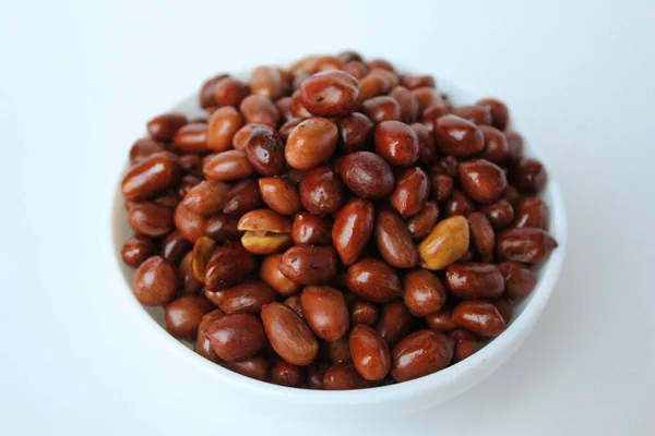 Fried Peanuts White Bowl Isolated White Background — Stock Photo, Image