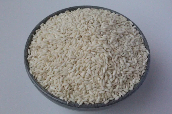 Tas Riz Gluant Intérieur Bol Gris Isolé Sur Fond Blanc — Photo