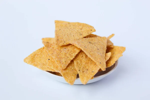 Tortilla Chips Triangle Shape Small White Plate Isolated White Background — Stock Photo, Image