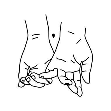 Erkek ve kadın elleri parmaklarıyla birbirlerini tutarlar. Çift el ele tutuşuyor. Beyaz arkaplanda tam olarak düzenlenebilir izole edilmiş vektör çizimi.