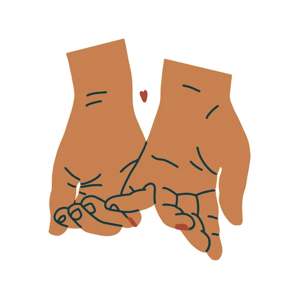Чоловічі та жіночі руки тримаються один з одним пальцями. Пара тримає руки. Плоский вектор ізольовано повністю зміненою ілюстрацією на білому тлі. — стоковий вектор