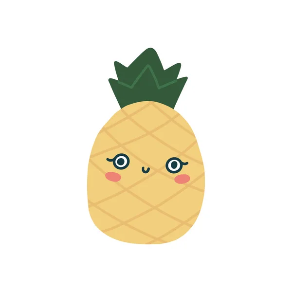 Söt kawaiiananas med ögon och ett leende. Gul ananas med gröna blad. Tecknad barnslig bild av ananas karaktär. Isolerad fullt redigerbar vektor platt illustration på vit bakgrund. — Stock vektor