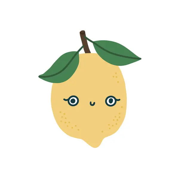 Lemon kawaii imut dengan mata dan senyum. Lemon kuning dengan daun hijau. Citra kekanak-kanakan kartun karakter nanas. Ilustrasi datar vektor terisolasi sepenuhnya dapat disunting pada latar belakang putih. - Stok Vektor