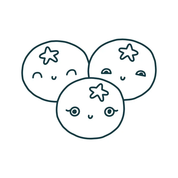 Roztomilé kawaiské borůvky s očima a úsměvem. Modré bobule, zdravé jídlo. Cartoon baby borůvkový charakter image. Izolované plně upravitelné vektorové linie ilustrace na bílém pozadí. — Stockový vektor