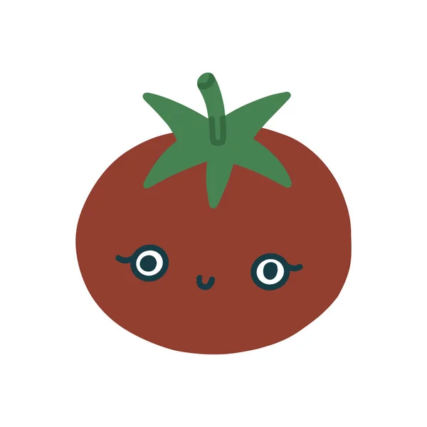 Leuke kawaii platte rode tomaat glimlachend met de ogen. Schattig kinderachtig groentekarakter. Geïsoleerde platte volledig bewerkbare illustratie op witte achtergrond. — Stockvector