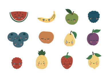 Set of cute fruits with eyes and smiles on a white background. Fruit and berry characters. Isolated fully editable flat illustration..