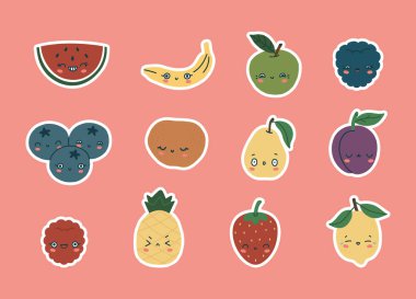 Set of cute fruits with eyes and smiles on a pink background. Fruit and berry characters. Isolated fully editable flat illustration.