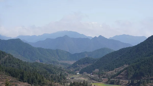 中国南部の田園地帯に緑の森と花畑が広がる美しい山の景色 — ストック写真