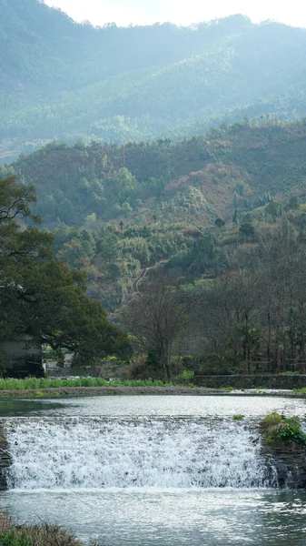 Vista Del Río Con Agua Que Corre Sobre Tierra Hierba —  Fotos de Stock