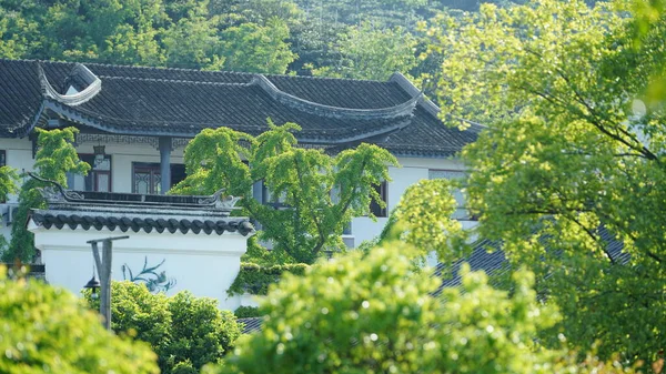 Bela Vista Tradicional Aldeia Chinesa Com Arquitetura Clássica Árvores Verdes — Fotografia de Stock