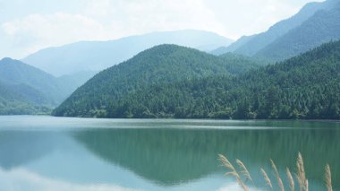 Çin 'in kırsal kesimindeki yeşil dağlarla çevrili güzel göl manzaraları.