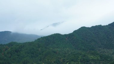 Yeşil ormanı olan güzel dağlar ve Çin kırsalının arka planında küçük bir köy.