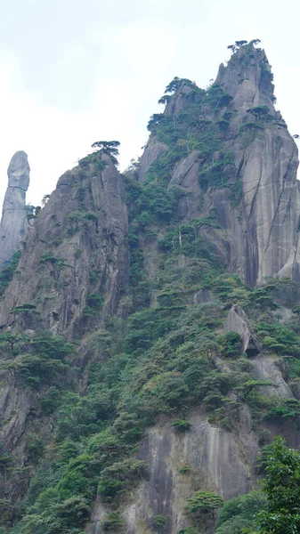 以青翠的森林和喷发的岩石悬崖为背景的中国农村美丽的山水景观 — 图库照片