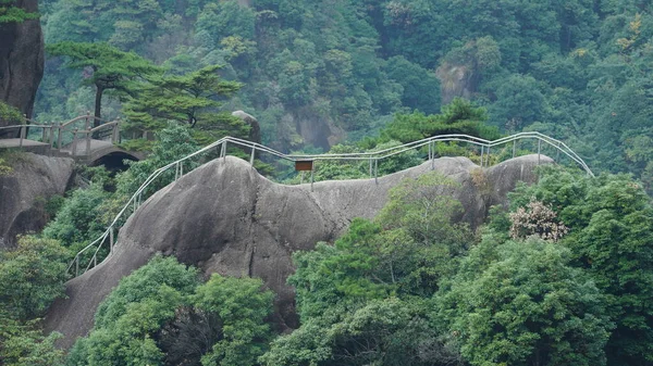 緑の森と中国の田舎の崖の顔に沿って構築された板道路と美しい山々の風景 — ストック写真