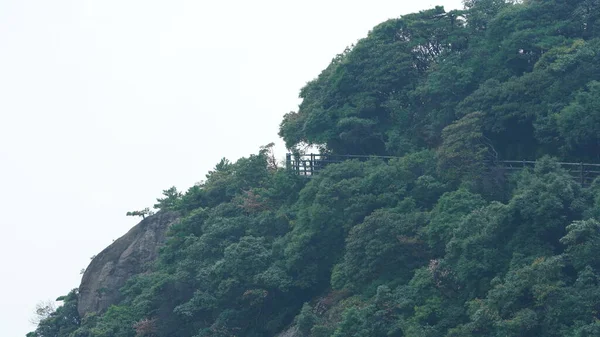 中国农村美丽的山水 绿树成荫 悬崖峭壁上建有一条平坦的道路 — 图库照片