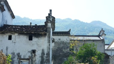 Klasik mimari ve taze yeşil ağaçların arka planda olduğu güzel geleneksel Çin köyü manzarası.
