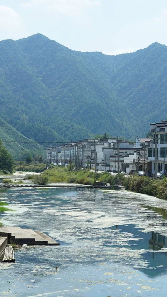古典建築の美しい伝統的な中国の村の景色と背景として新鮮な緑の木 — ストック写真