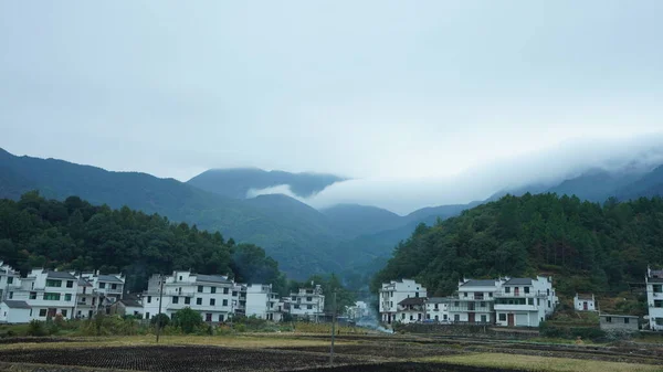 古典建築の美しい伝統的な中国の村の景色と背景として新鮮な緑の木 — ストック写真