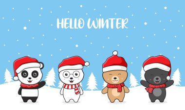Tatlı oyuncak kutup ayısı ailesi merhaba kış ve noel karikatür karikatür çizimi düz çizgi film tasarımı