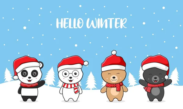 Schattige Teddy Ijsbeer Familie Groet Hallo Winter Kerst Cartoon Doodle — Stockvector