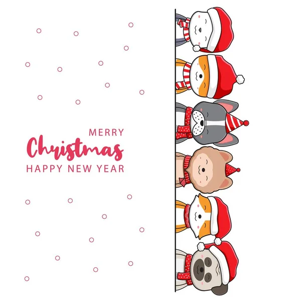 Cute Dog Family Greeting Merry Christmas Happy New Year Cartoon — Stock Vector