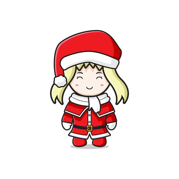 Nettes Mädchen Mit Weihnachtsmann Kostümfigur Cartoon Doodle Karte Symbol Illustration — Stockvektor