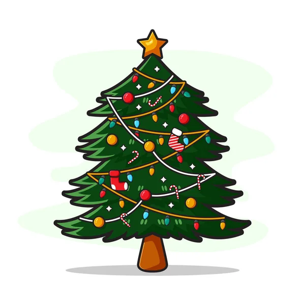圣诞树与灯饰卡通涂鸦卡背景图平面卡通风格 免版税图库矢量图片
