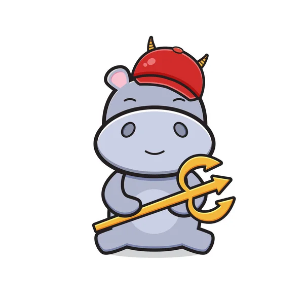 Cute Hippo Diabeł Cosplay Halloween Maskotka Ikona Kreskówka Ilustracja Płaski — Wektor stockowy