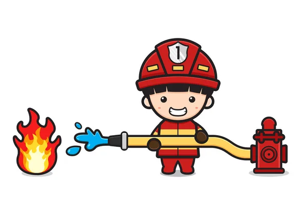 Cute firefighter extinguish the fire cartoon icon vector illustration. Design isolated flat cartoon style