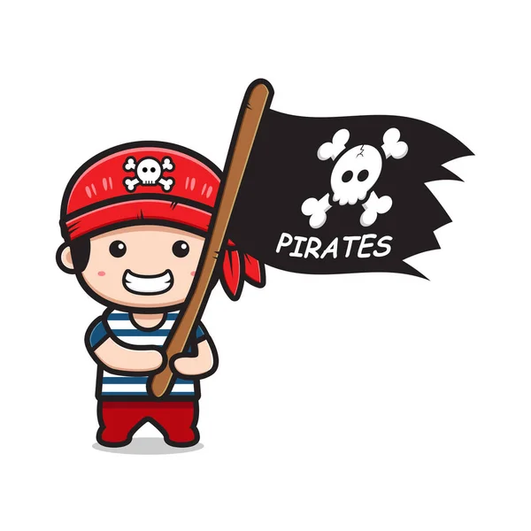 可爱的海盗拿着国旗吉祥物卡通人物剪贴画 设计独立的平面卡通风格 — 图库矢量图片